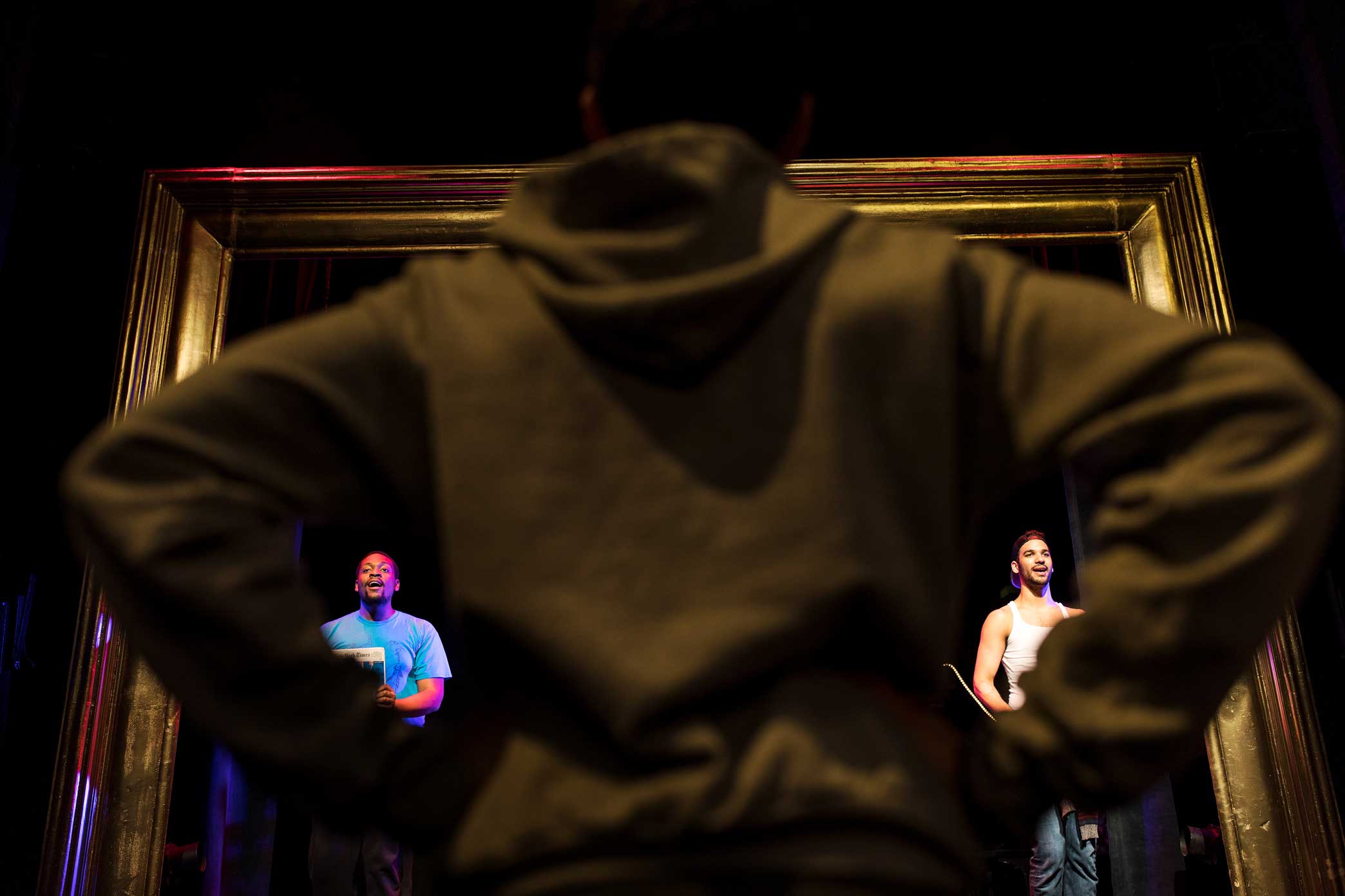 Dan Rosales gives direction during rehearsal of Spamilton: An American parody and musical of the Broadway show Hamilton rehearse on their new home stage at Puerto Rican Traveling Theatre in Manhattan. 