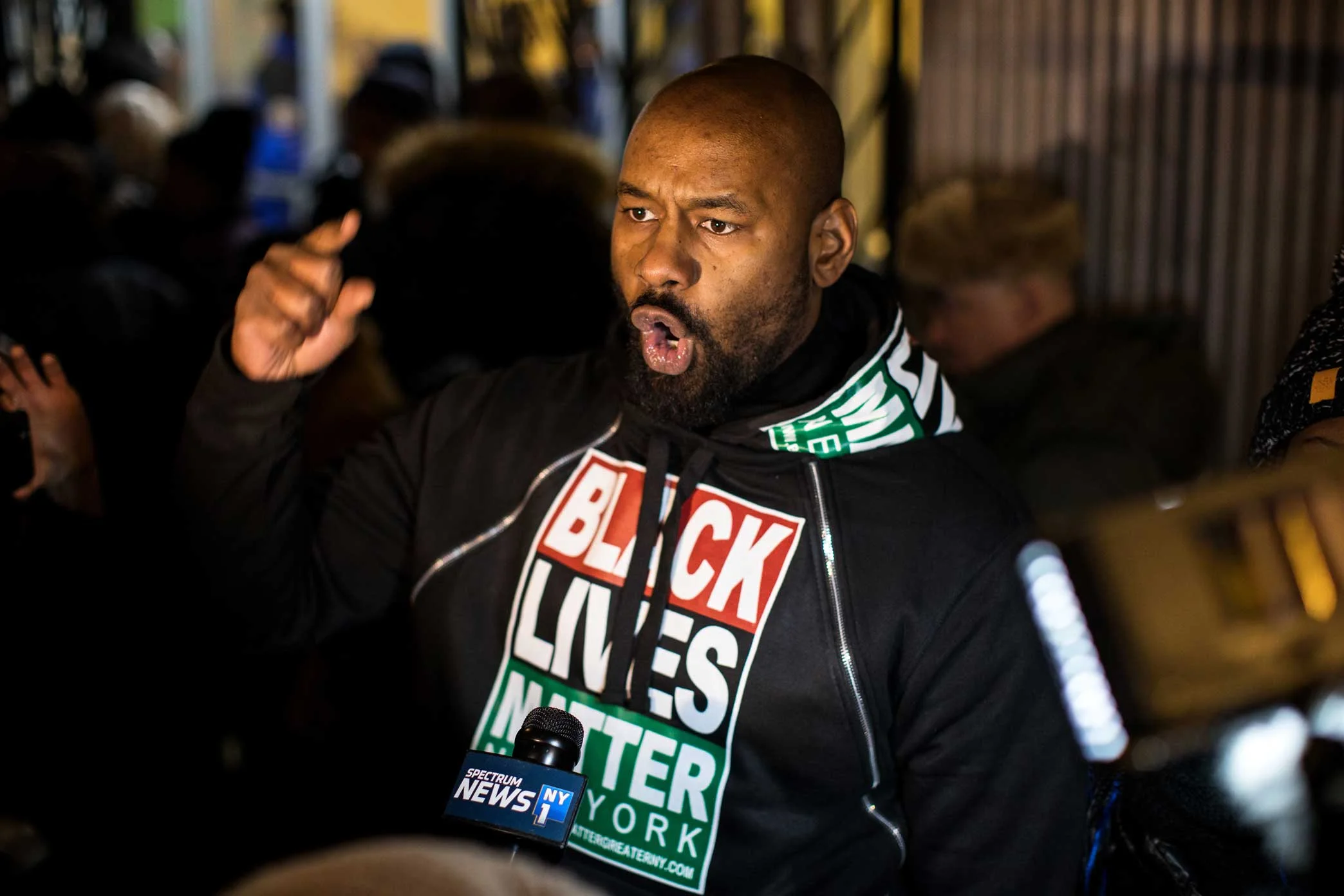 Hawk Newsome, the President of Black Lives Matter New York, upset about the removal of Gwen Carr, the mother of Eric Garner, during the funeral for Erica Garner at the First Corinthian Baptist Church in Harlem.