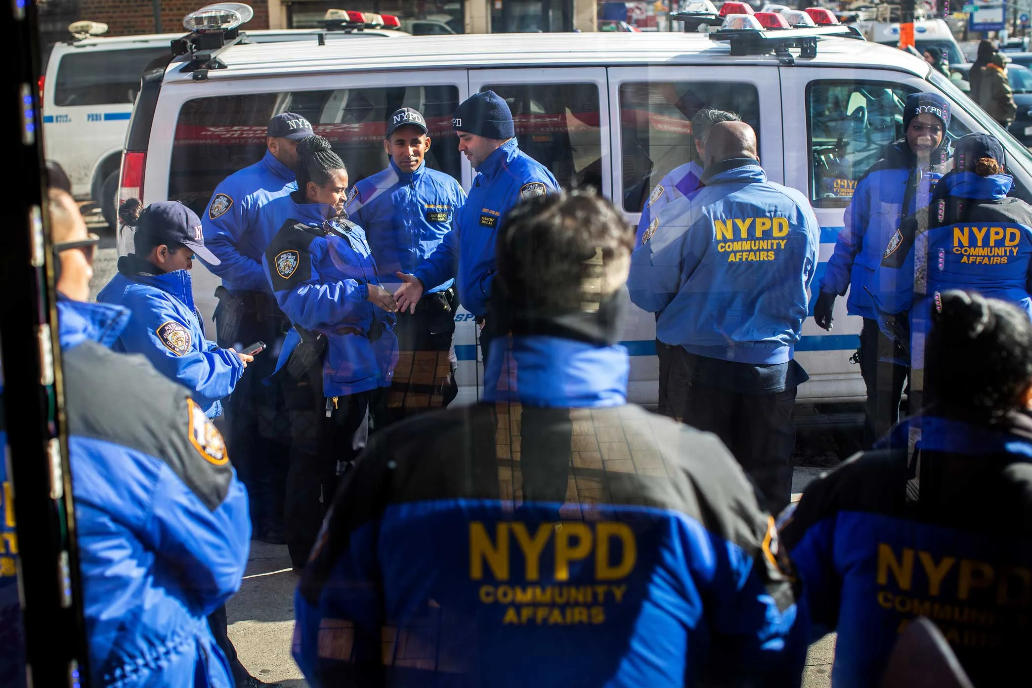 NYPD Community Affairs Officers gather for crowd control during the protest and Candle light vigil for Saheed Vassell in Brooklyn.