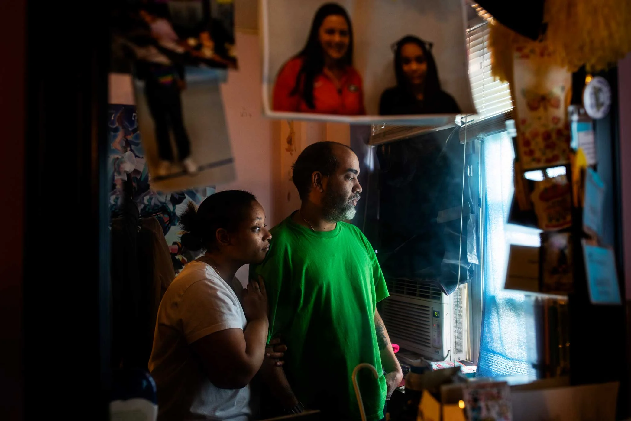 Shaly and Juan Ramirez in their children bedroom in Manhattan, New York. The children room wall suffered heavy water damage by a leaking pipe creating an intense mold issue. Link to original story at The NRDC: Inside NYC’s Public Housing, Mold and Neglect Are a Dangerous Combo Text by Nicole Greenfield for NRDC