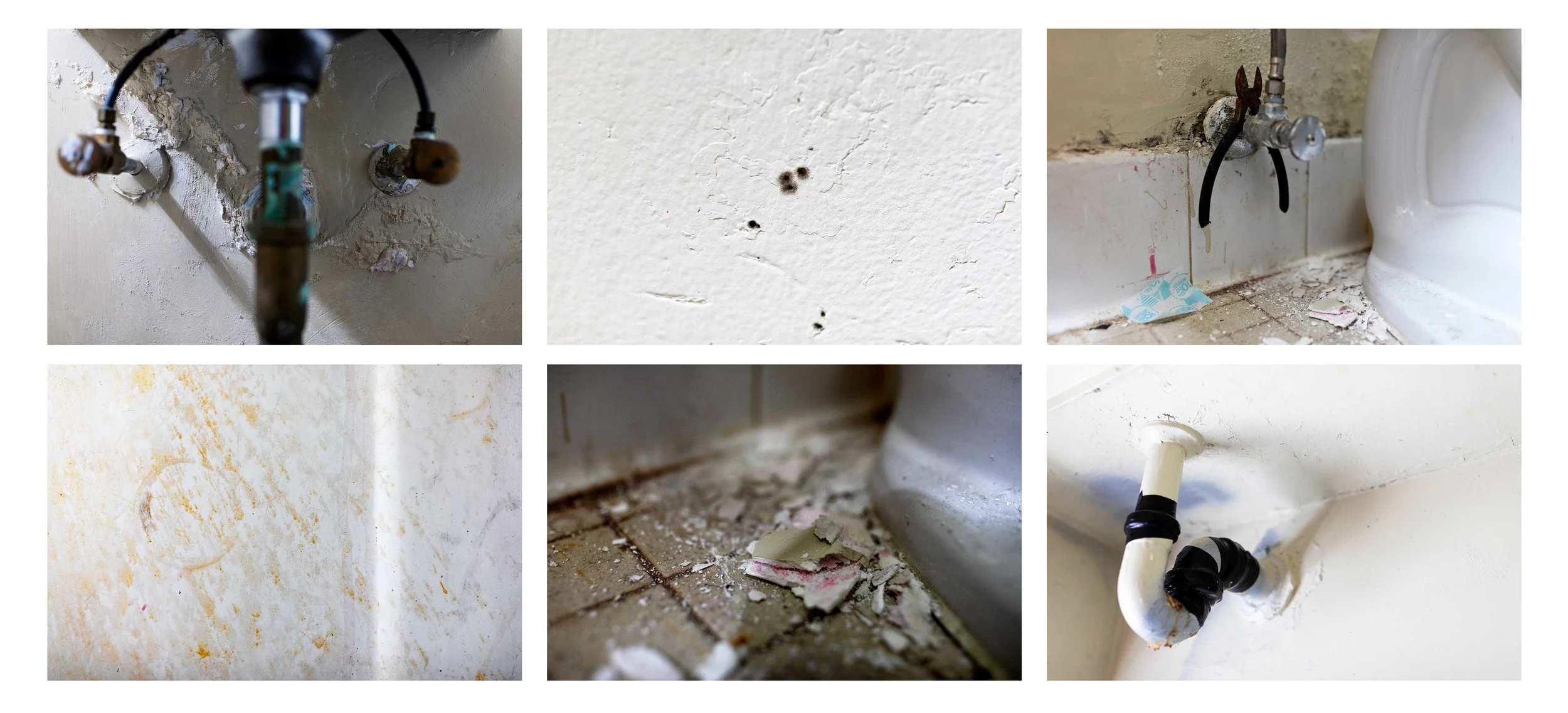 Details of damage in the Ramirezes’ apartment include leaking pipes in the bathroom ceiling and under the bathroom sink, as well as mold spots and rust stains on the walls and peeling paint on the floor.