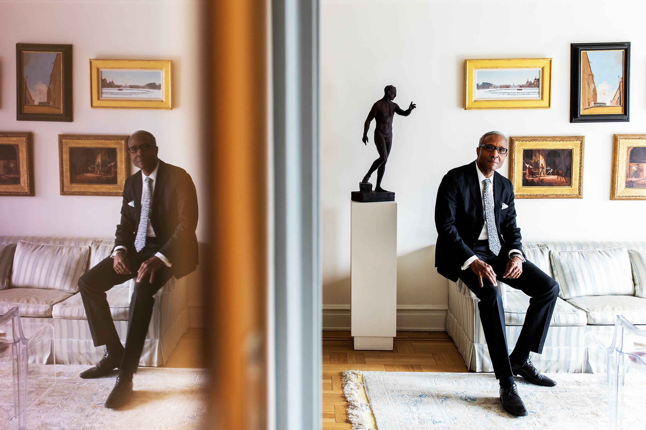  Senior corporate attorney, Gregory Peterson at his apartment in Manhattan, New York. Gregory is part of Columbia University’s Class of 1973, the first graduating class of affirmative action students at the school. Gregory is an avid art collector an