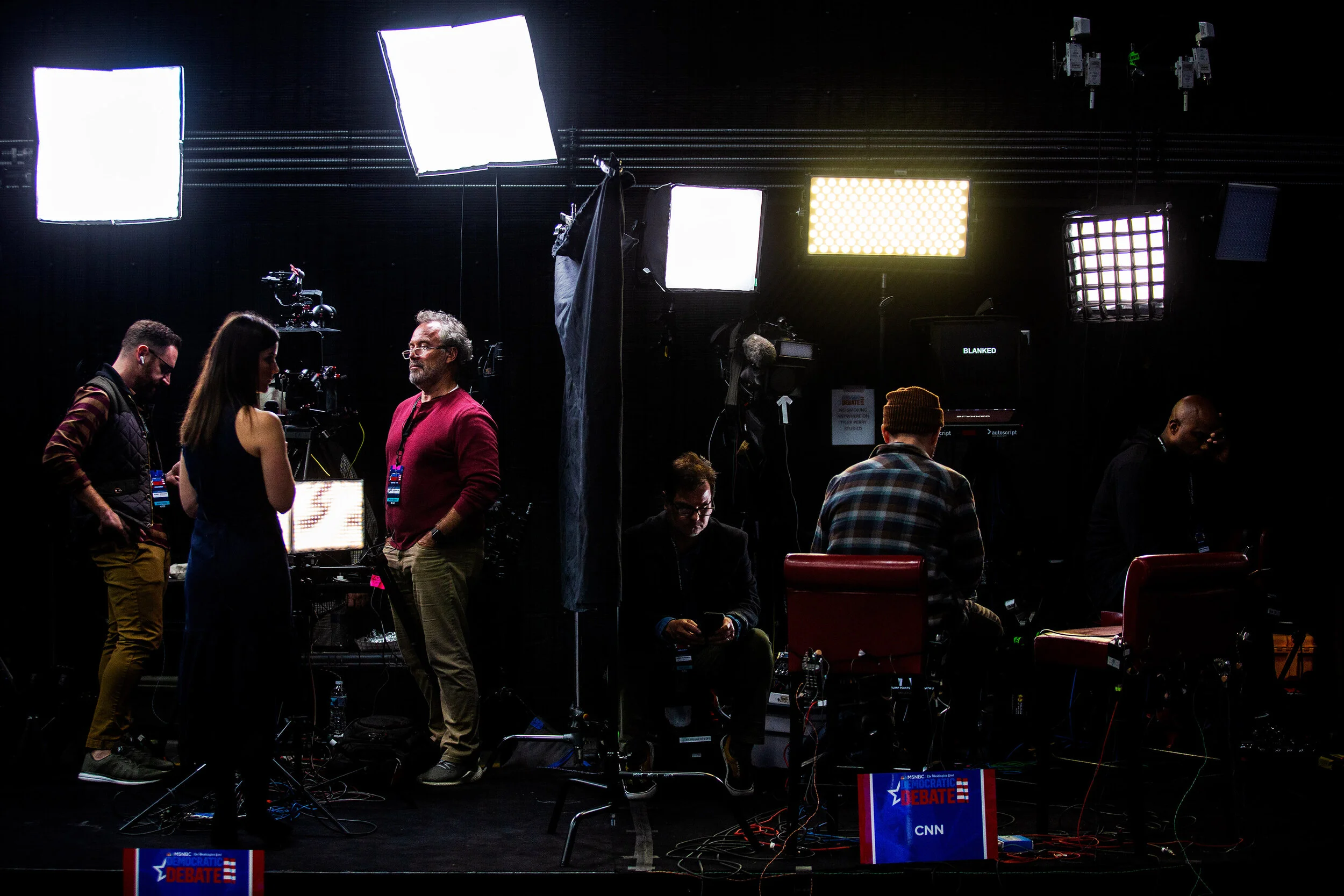  Media staff waiting in the media center during the Democratic presidential debate in Atlanta, Ga. 
