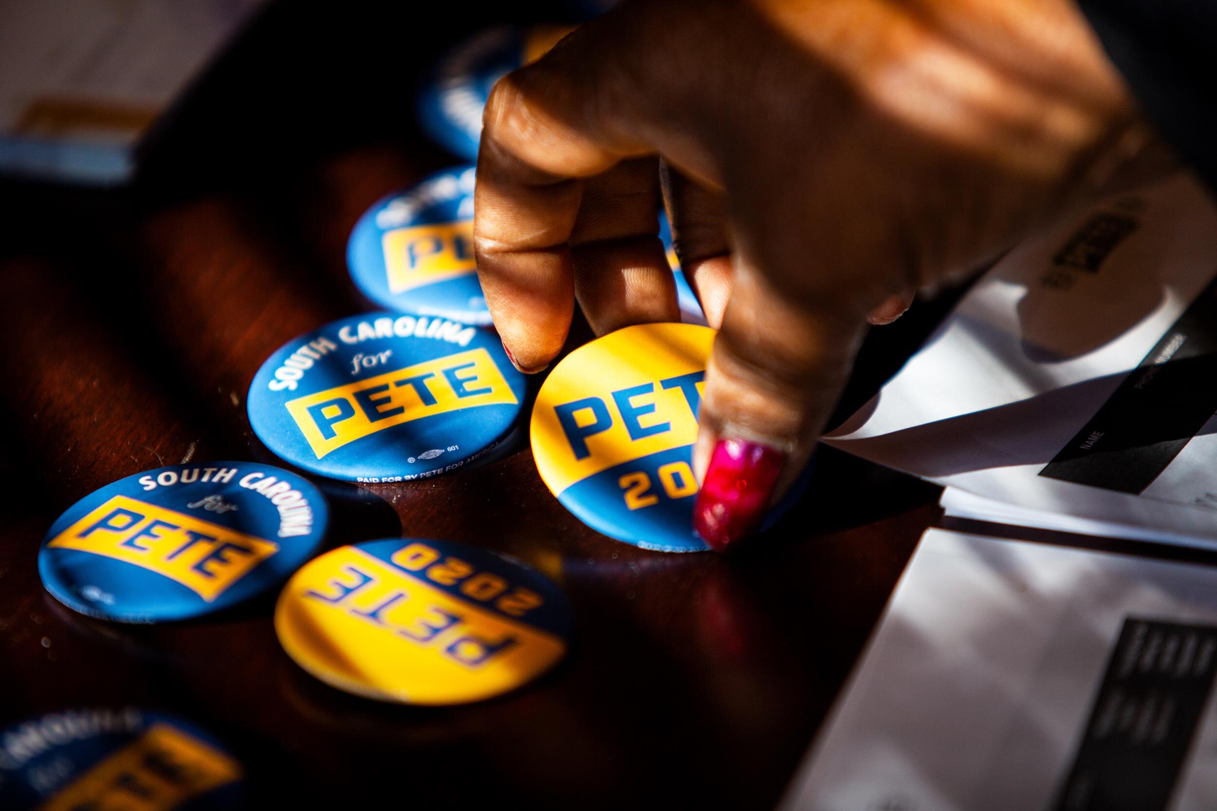  Pete 2020 pins at the Democratic candidate Pete Buttigieg Meet and Greet with Allendale Democratic Party Chair at the Allendale County Democratic Party HQ in Allendale, South Carolina.   