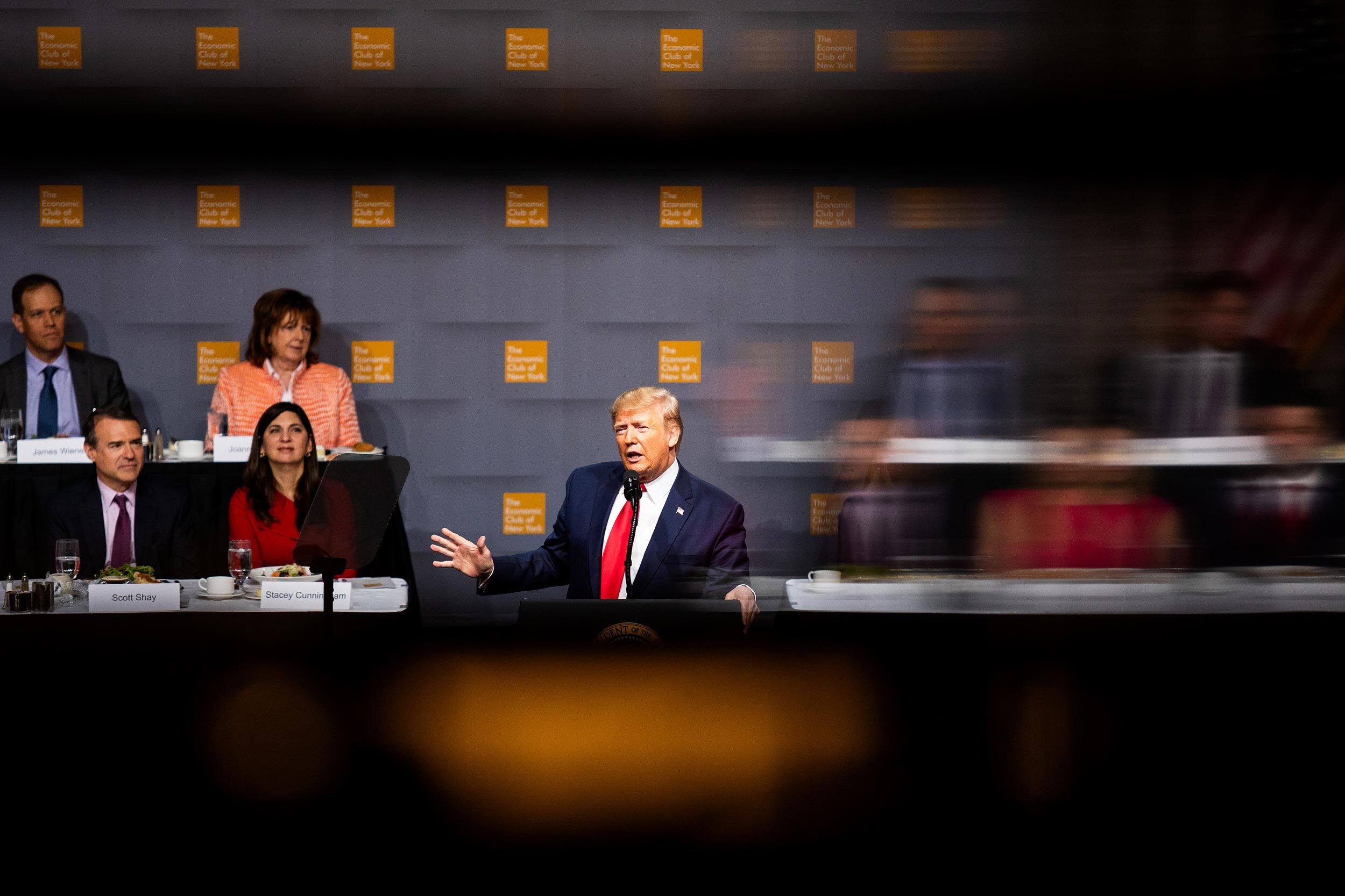  United States President Donald J. Trump deliver a speech on trade and economic policy during The Economic Club of New York at The New York Hilton Midtown in the Manhattan borough of New York, U.S 