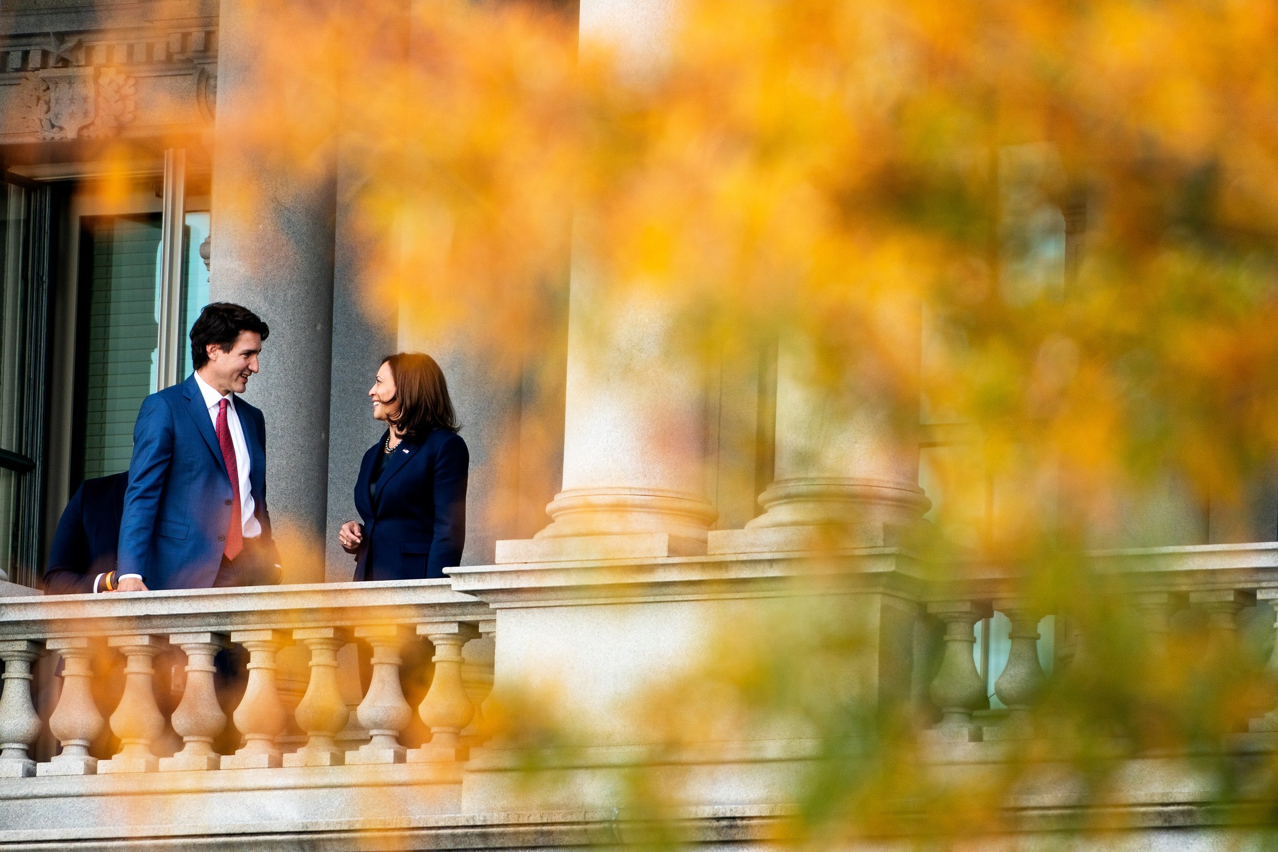  Vice President Kamala Harris and Prime Minister of Canada Justin Trudeau on the balcony of Eisenhower Executive Office Building.  