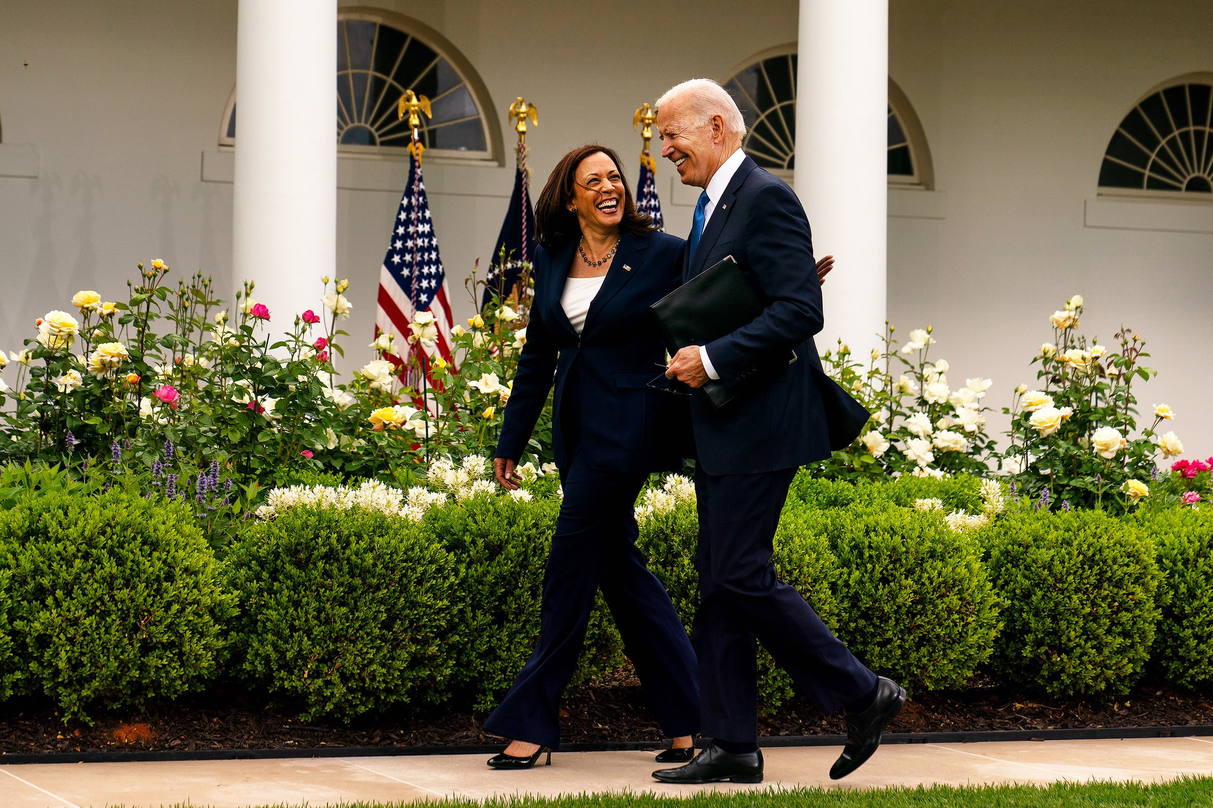  US President Joe Biden and US Vice President Kamala Harris share a maskless moment after giving a Covid-19 Update in the Rose Garden. 