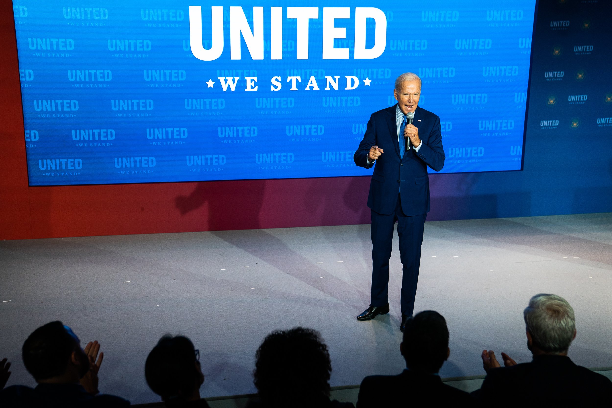  US President Joe Biden delivers remarks at the United We Stand Summit in the East Room. 