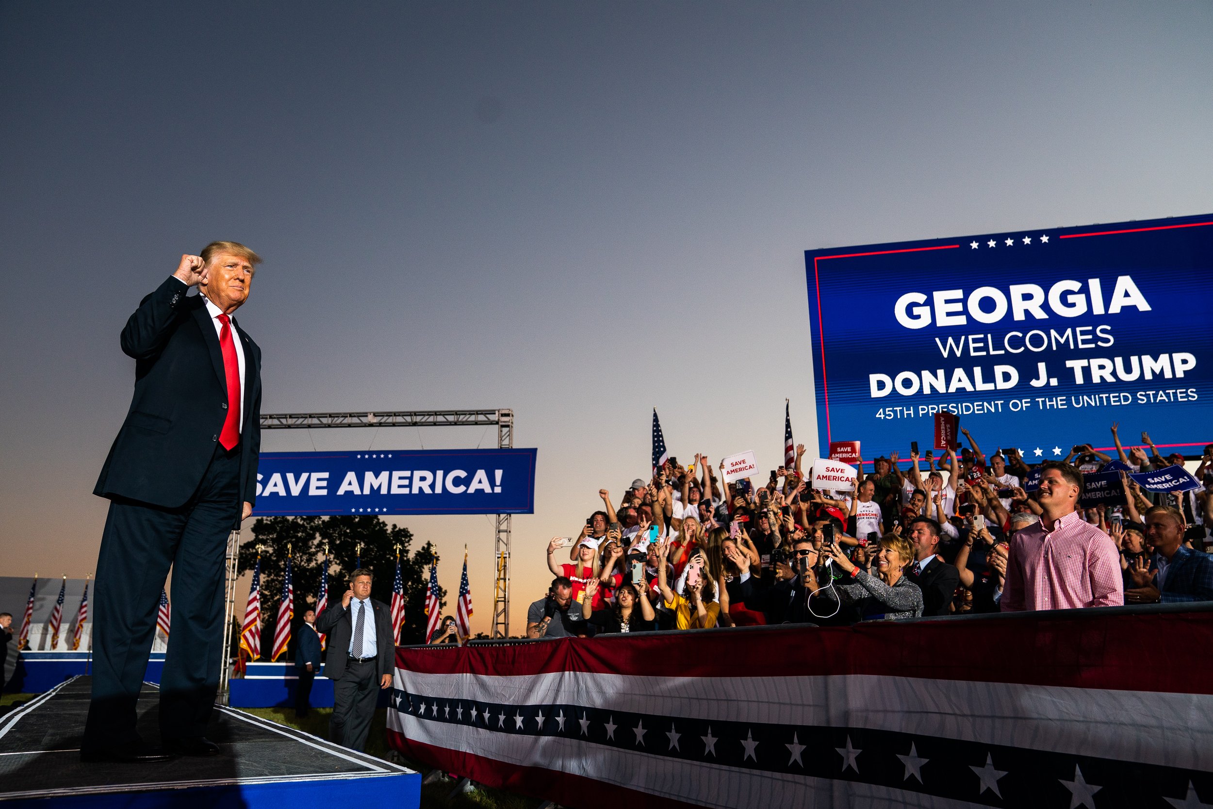  Former US President Donald J. Trump enters to deliver remarks at his “Save America” rally at the Georgia National Fairgrounds in Perry, Georgia. 