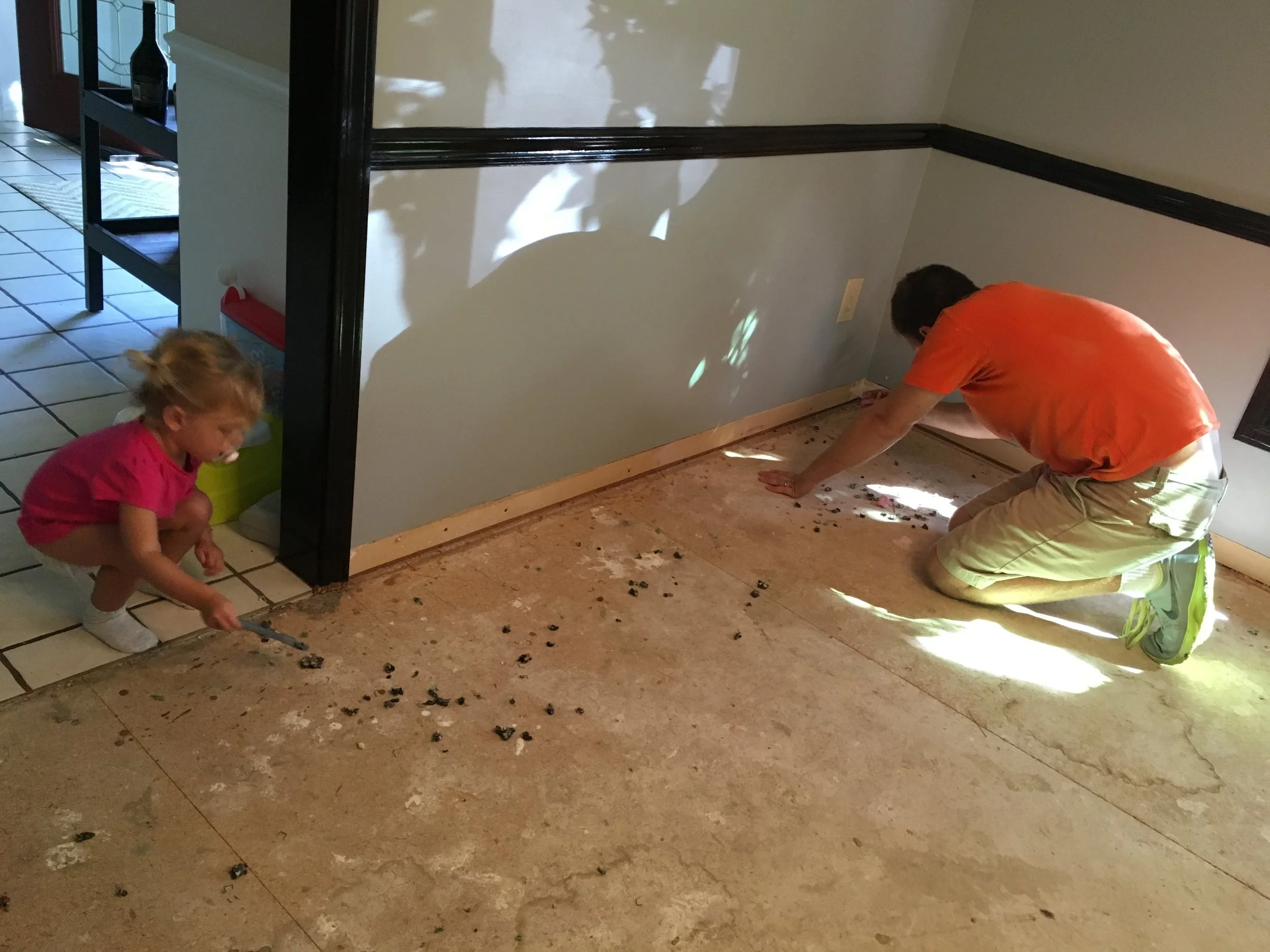 Removing approximately 4,000 staples from the subfloor where the carpet had been