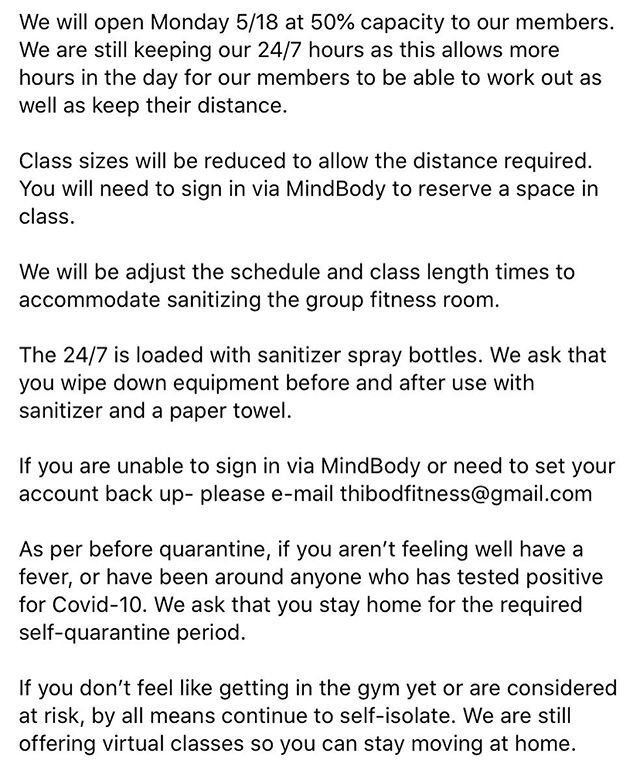 For those that were with us those first two weeks of Covid-19 (before gyms were ordered to close). That is how we are operating at the moment. We will continue to follow the guidelines presented by our Governor and his task force. We thank you all fo