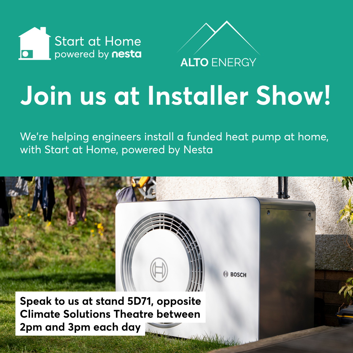 Promotional graphic announcing Alto Energy's attendance at Nesta's Start at Home stand at InstallerSHOW