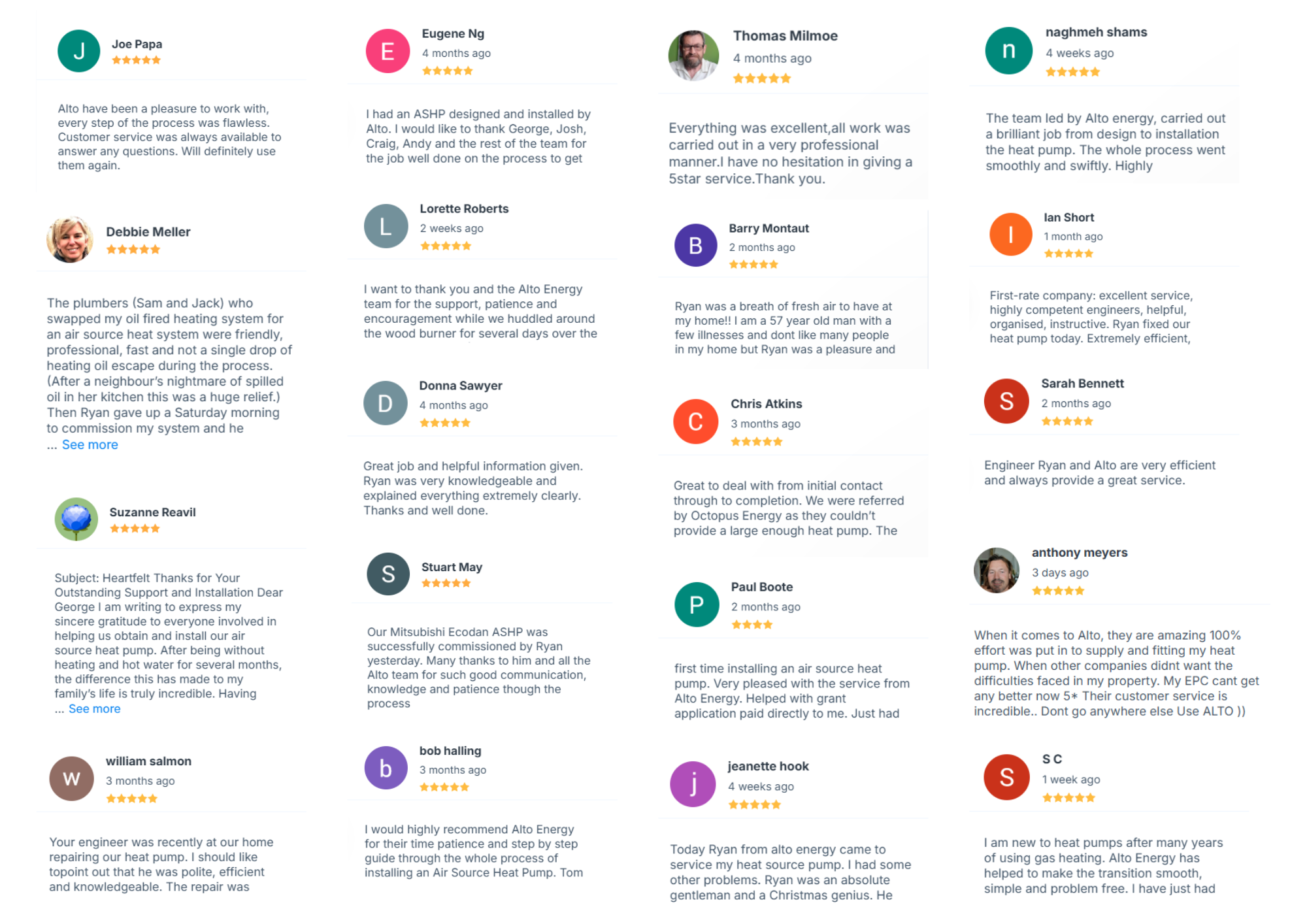 Alto Energy Reviews showing our Google testimonials from customers, highlighting our reputable and proven heat pump expertise.