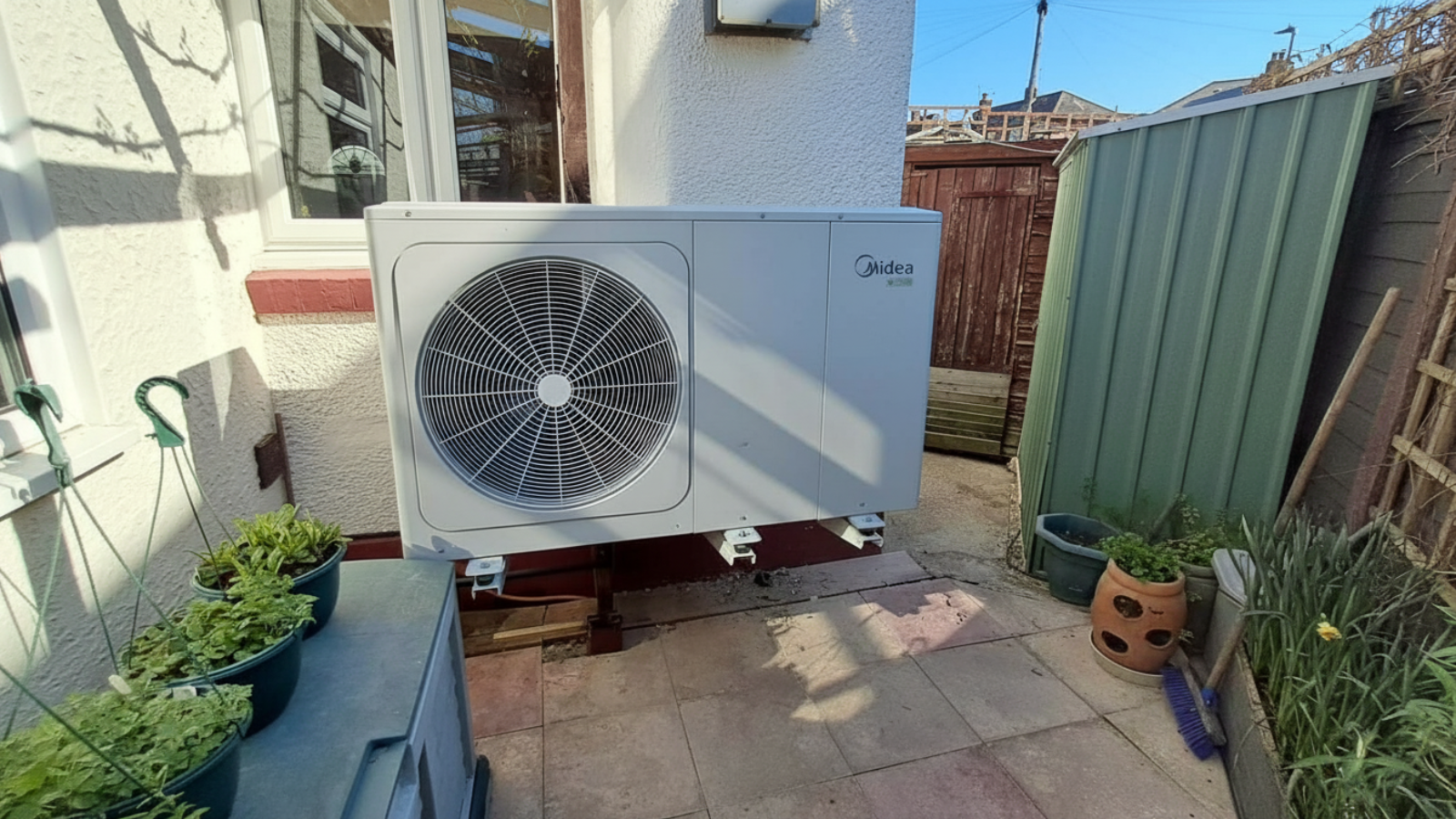 Midea Thermal Monobloc ATW R32 air source heat pump outdoor unit installed on a residential property in the UK
