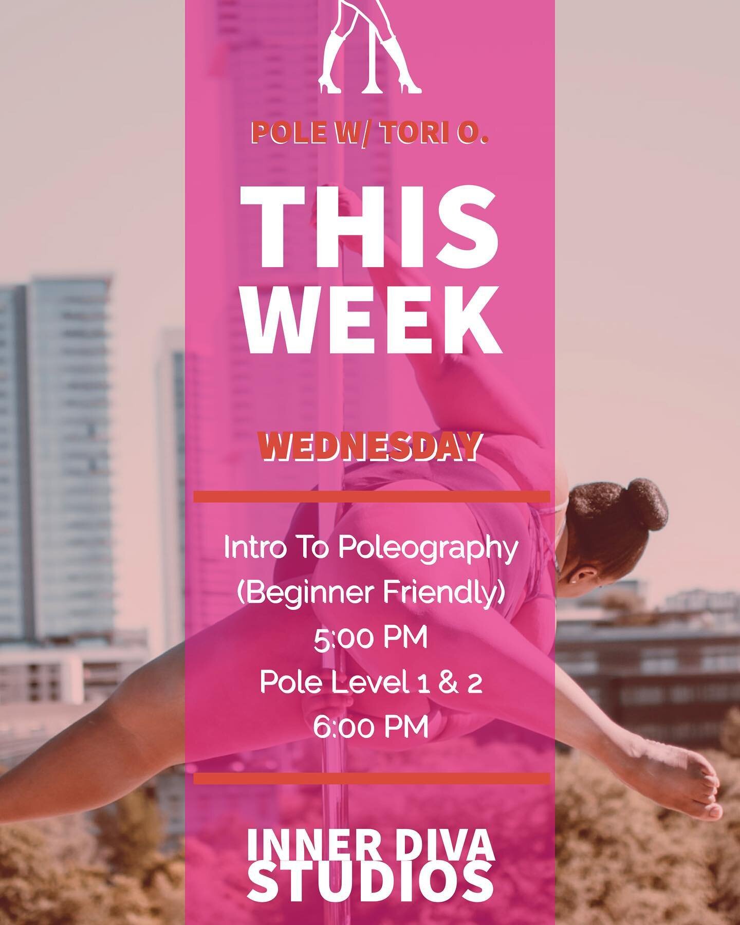 Teaching Intro to Poleography(Beginner&rsquo;s Welcome!) this week &amp; Pole 1 &amp; 2. Join me this Wednesday at 5pm &amp; 6pm 🤗. #polefit #poleography