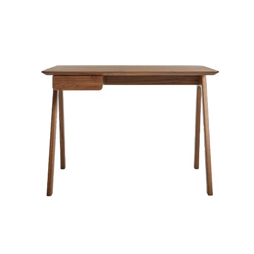 Blu Dot Stash Desk, minimalist desk, walnut veneer desk, ash veneer desk, solid wood legs, compact workspace, pencil drawer, versatile desk, contemporary home office furniture.