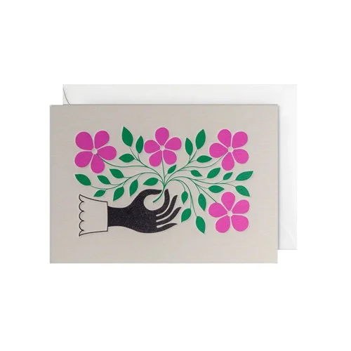Alexander Girard Hand and Flower greeting card with red and blue artwork