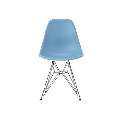 Eames Molded Plastic Side Chair in Pale Blue with chrome wire base.
