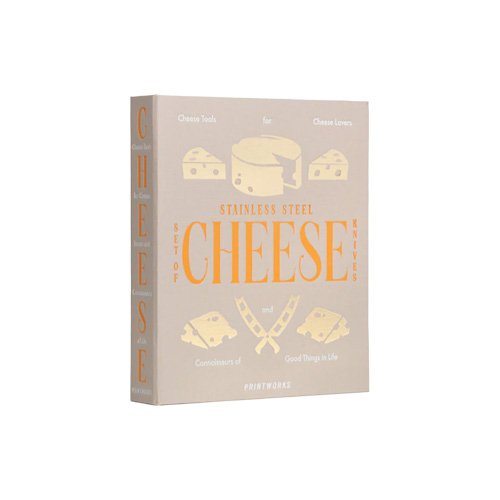 Printworks Essentials Cheese Tools four-piece stainless steel set in book-style box