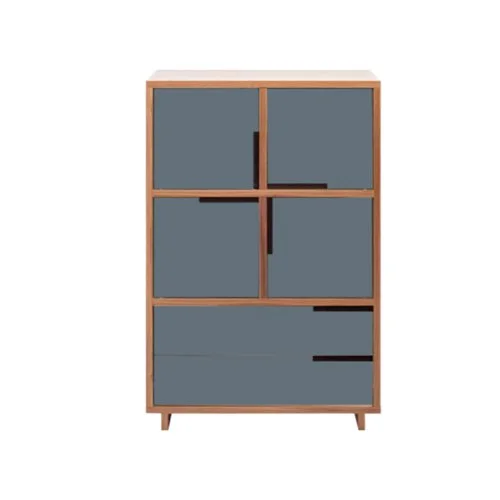 Contemporary sideboard in Walnut veneer with playful color-block storage