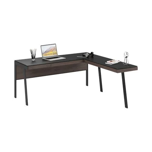 Sigma 6902 Desk Return by BDI with grey glass top and Strata or Sepia finish.