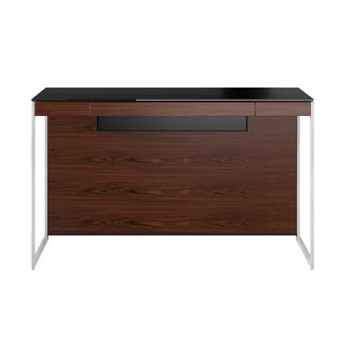 Sequel 20 6103 Compact Desk in chocolate-stained walnut with black glass surface.