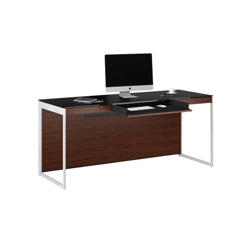 Modern home office desk featuring satin nickel frame and rich walnut panels.