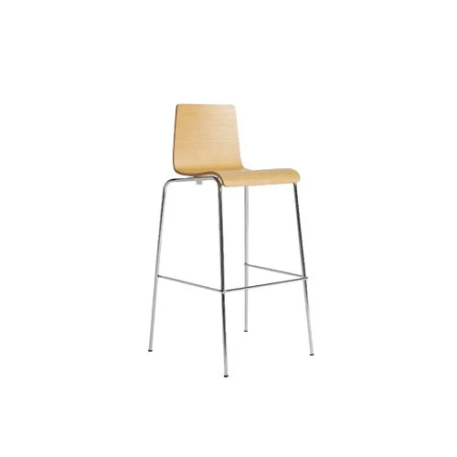 Blu Dot Stool Stool bar height in Technical White Oak with sculpted wood seat and chrome legs.