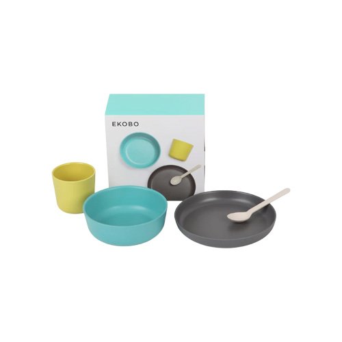 Ekobo Kids Dinner Set – Jun in Lagoon, Lime, Smoke, and Off-White sustainable bamboo.