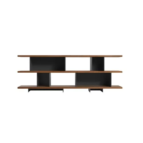 Modern open shelving unit with white oak and powder-coated steel blocks from Blu Dot.