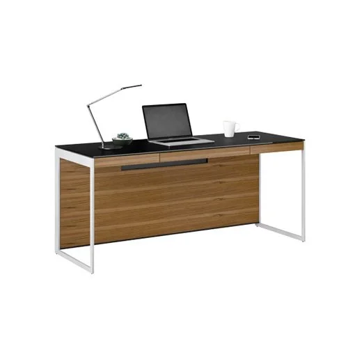Modern home office desk featuring satin nickel frame and natural walnut panels. (Copy)