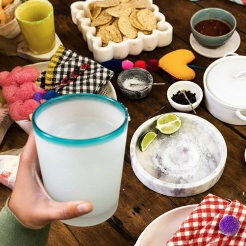 White & Turquoise Summer Glass — artisan color pop for contemporary tables.