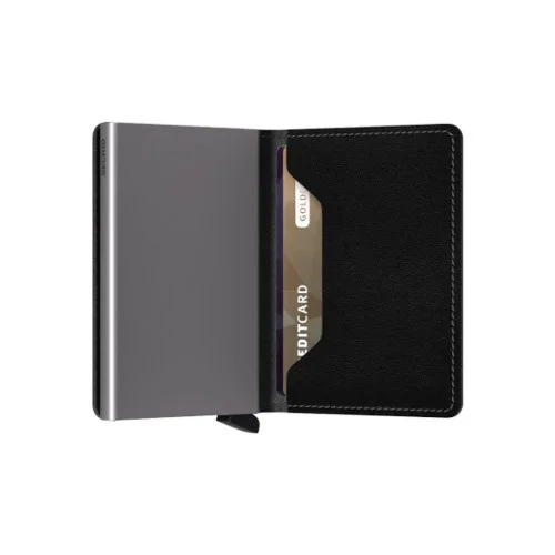 Compact RFID wallet combining leather exterior and one-click card access