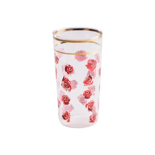 Contemporary printed glass tumbler featuring bold rose imagery by Seletti
