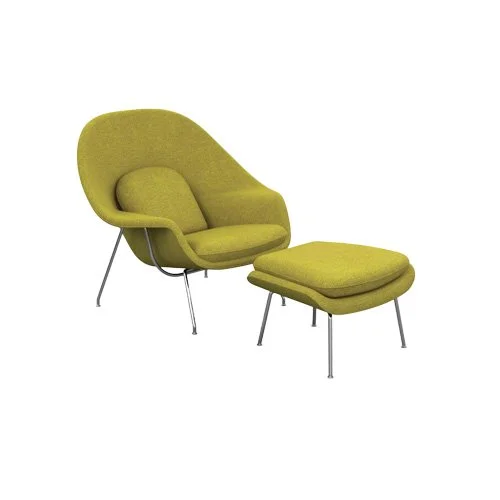 Iconic upholstered lounge chair and ottoman set with molded shell and steel legs.