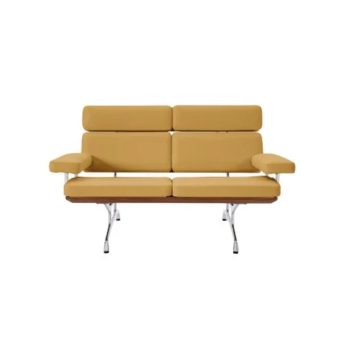 Leather upholstered seating with sleek frame and clean horizontal lines.