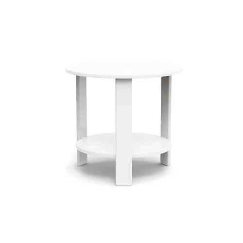 Modern round Lollygagger End Table in recycled HDPE, ideal for outdoor seating areas.