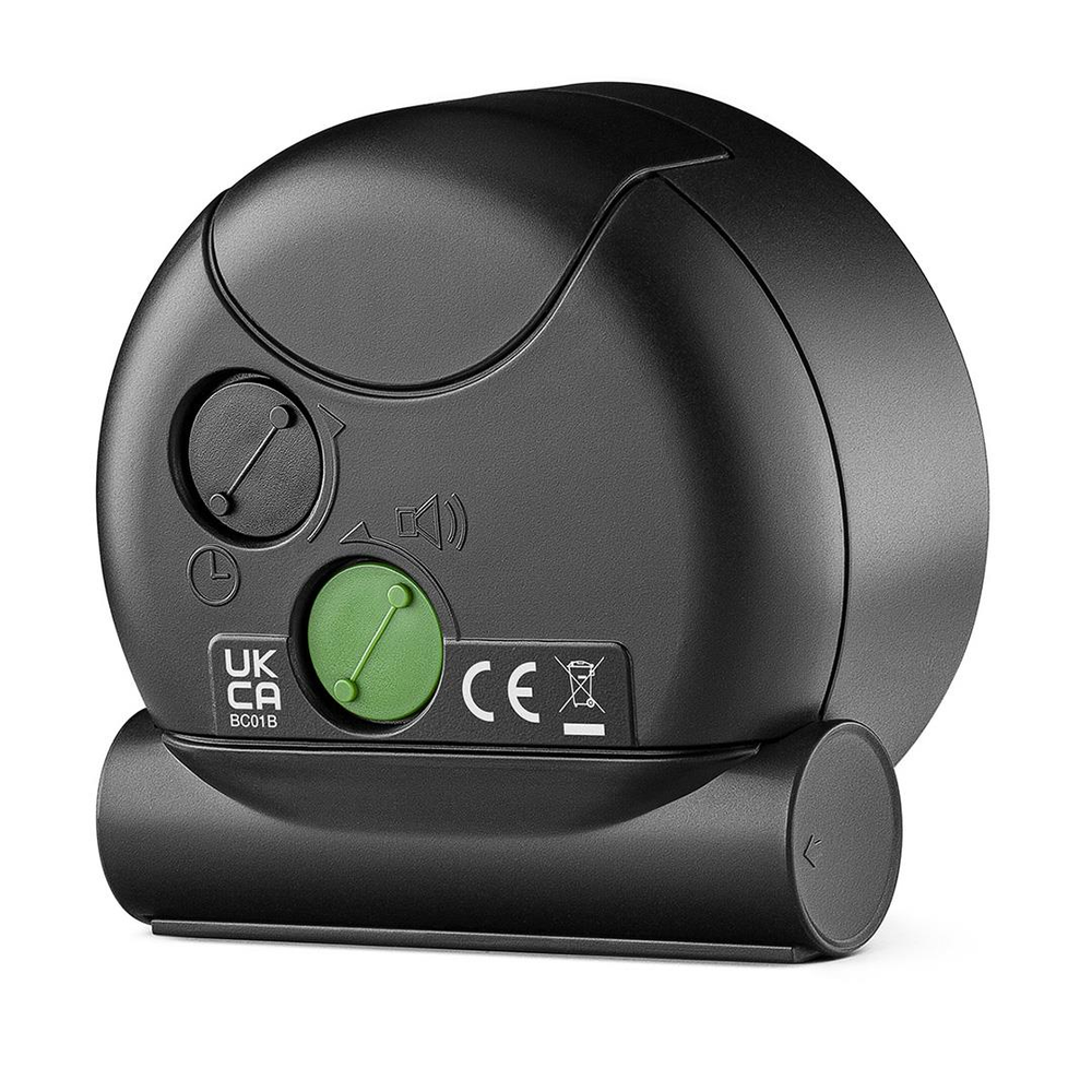 Braun BC01 black alarm clock with clean dial, yellow second hand, and minimalist case.