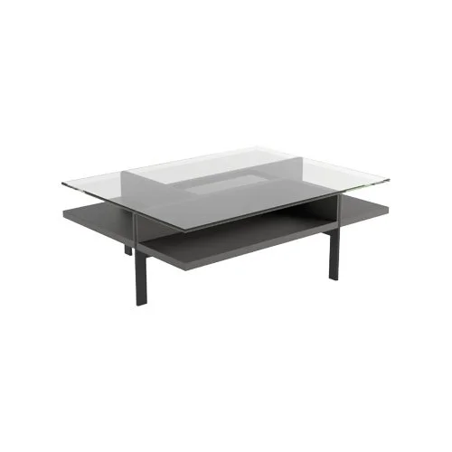 Designer rectangular coffee table blending tempered glass, hardwood veneer, and steel. (Copy)