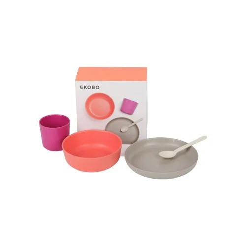 Ekobo Kids Dinner Set – Mai in Fuchsia, Coral, Stone, and Off-White bamboo fiber.
