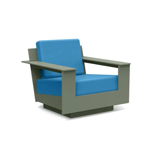 Durable and stylish weatherproof patio chair featuring contemporary angles and cushioned comfort.