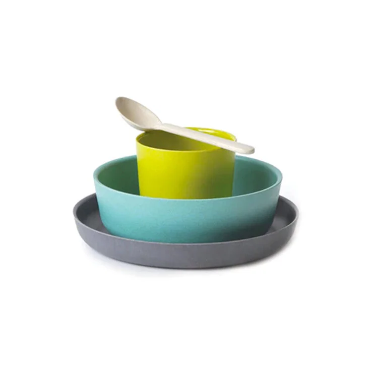 Ekobo Kids Dinner Set – Jun in Lagoon, Lime, Smoke, and Off-White sustainable bamboo.