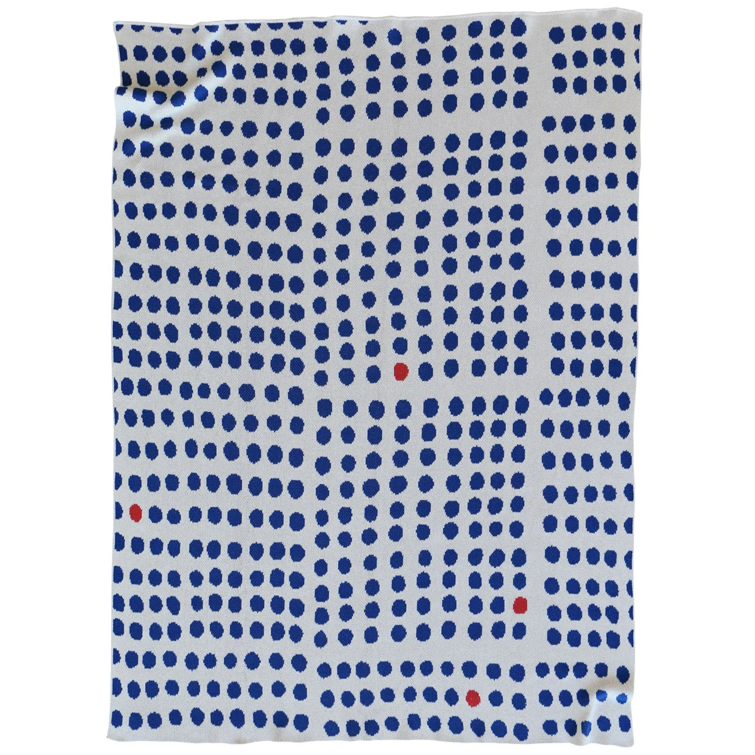 Handcrafted Blue Dot Blanket by Trilby Nelson in recycled cotton with minimalist geometric design.