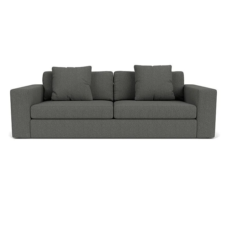 Transitional sofa with loose cushions, refined stitching, and recessed feet.