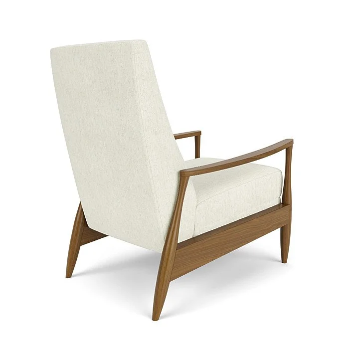 Designer recliner with premium upholstery and refined wood finishes.