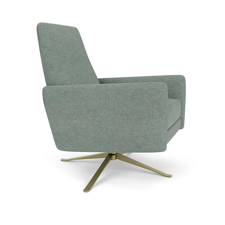 Modern recliner available in swivel or stationary base with custom upholstery.