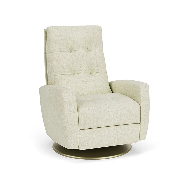 Motorized or manual recliner with articulating headrest and concealed stainless-steel footrest.