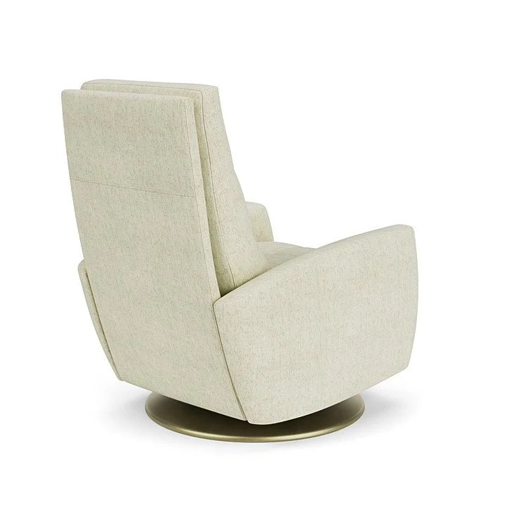 Designer recliner with leather or fabric upholstery and multiple wood or metal base options.