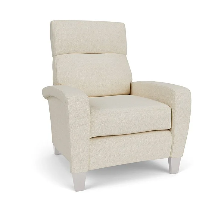 Motorized or manual recliner with articulating headrest and concealed stainless-steel footrest.