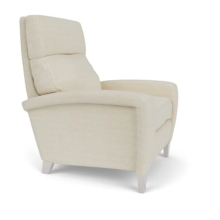 Designer recliner with leather or fabric upholstery and multiple wood or metal base options.